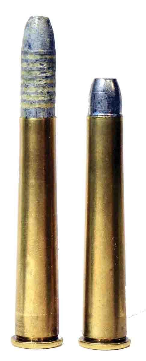 One old method of aligning bullet and bore was to partially seat the bullet (left) in a snug neck, then allow it to be pushed into the case by the lands when the breech was closed. This was not as convenient as a conventionally loaded round (right) but resulted in superior match accuracy. The cartridge is a .32-40.